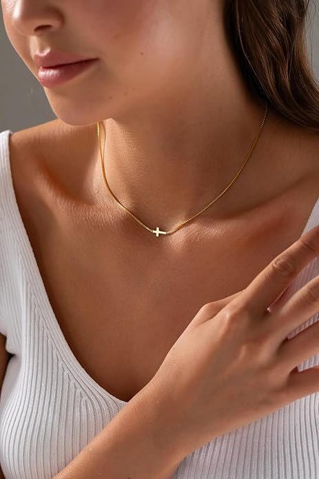 Cross Necklace for Women 14K Gold Silver Plated Dainty Small Cross Pendant Choker Simple Trendy Cute Cross Charm Chain Necklace Easter Basket Stuffers Baptism Religious Faith Jewelry Gift