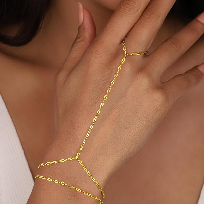 Yoosteel Hand Chain Bracelet for Women - Dainty 14K-Gold-Plated Finger Ring Hand Chains Layered Trendy Link Bracelets Jewelry Gifts for Women