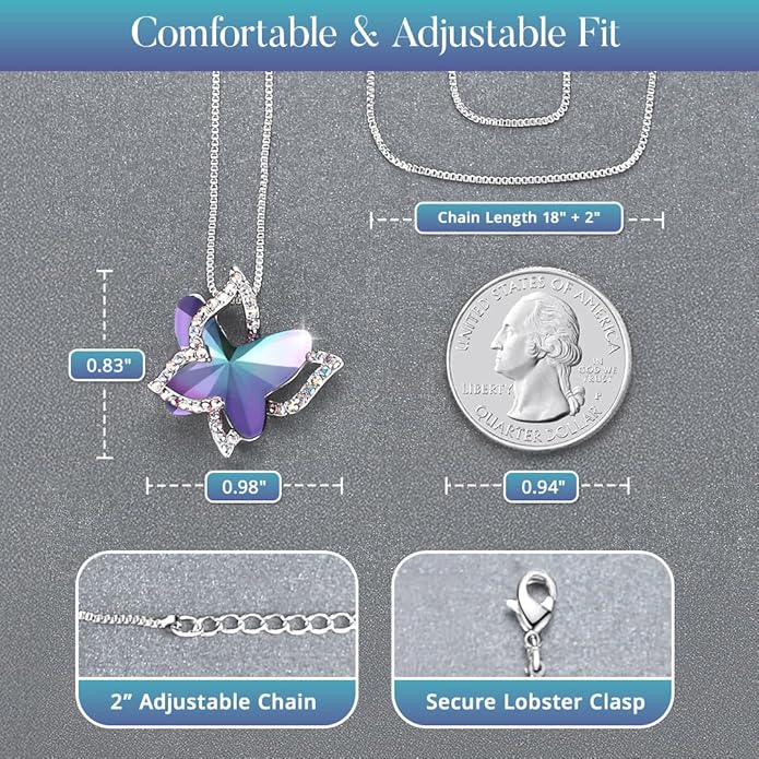 Gift Butterfly Birthstone Crystal Necklace, Silver Tone with 18”+2” Chain, Necklace for Mother’s Day Anniversary Birthday Gifts for Women and Daughter