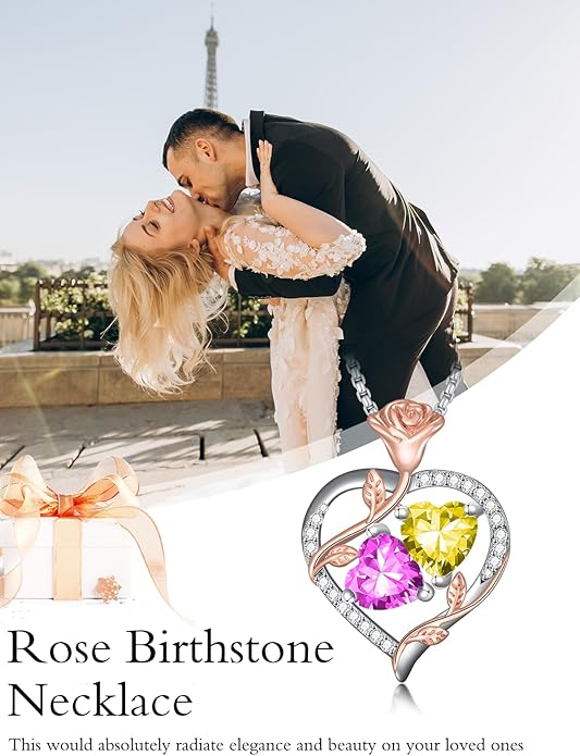 Christmas Gifts for Women Rose Heart Birthstone Pendant Necklace I Love You Forever Jewelry Valentine Mothers Day Birthday Gifts for Women Her Wife Girlfriend