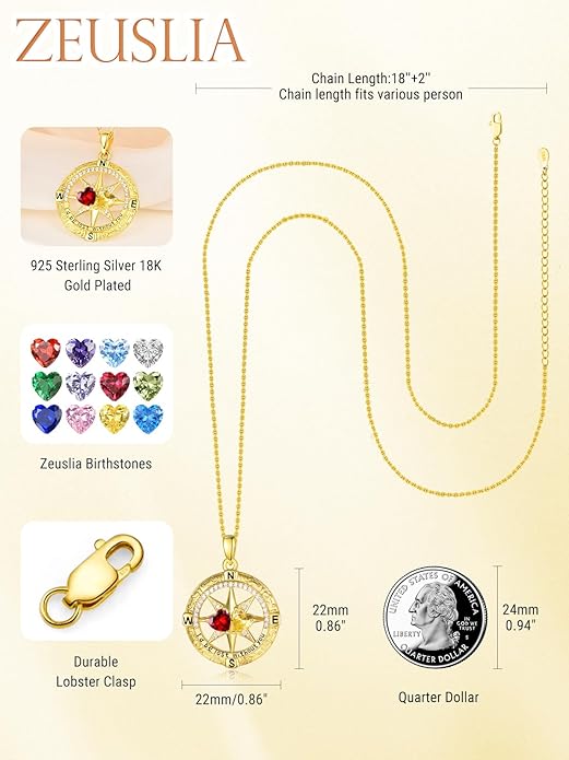 Zeuslia Double Birthstone Necklace Gifts for Wife - 925 Sterling Silver Sunflower/Rose/Crown Cross/Compass/Heart Pendant I Love You Necklace, Anniversary Birthday Gifts for Wife Girlfriend Mom Her