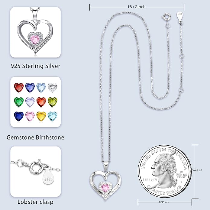 GLIVEOR Heart Birthstone Necklace for Women,S925 Sterling Silver Necklace Birthstone Necklace Heart Necklace for Women Birthday Jewelry Gifts for Women