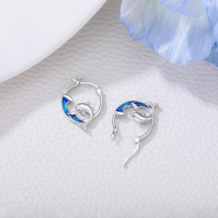 SeaTurtle dolphin Hummingbird Earrings for Women 925 Sterling Silver Sea Waves Earrings Ocean Huggie Hoop Sea Turtle dolphin Earrings Jewelry Gifts