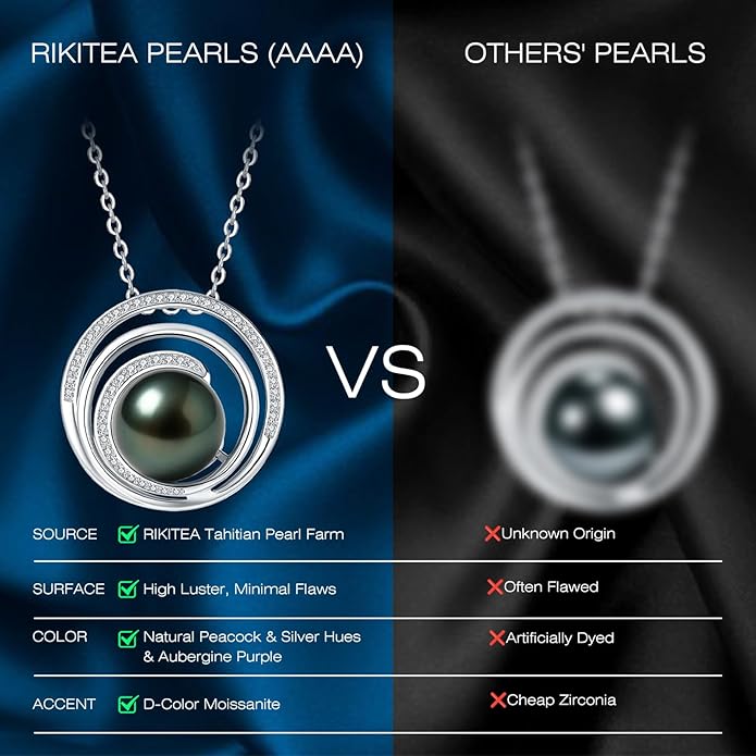 Genuine Tahitian Black Pearl Necklace for Women, 9-13mm AAAA Seawater Pearl - Sterling Silver Moissanite Pendant, Wedding Anniversary, Birthday, Christmas Gift for Wife, Mom, Girlfriend, Fine Jewelry