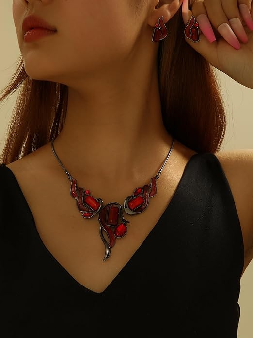 Chunky Statement Jewelry Set Vintage Retro Leaf Flower Floral Geometric Bohemian Boho Bib Necklace Earring Set Fashion Costume Jewelry for Women Girls Wedding Party Prom Unique Gift