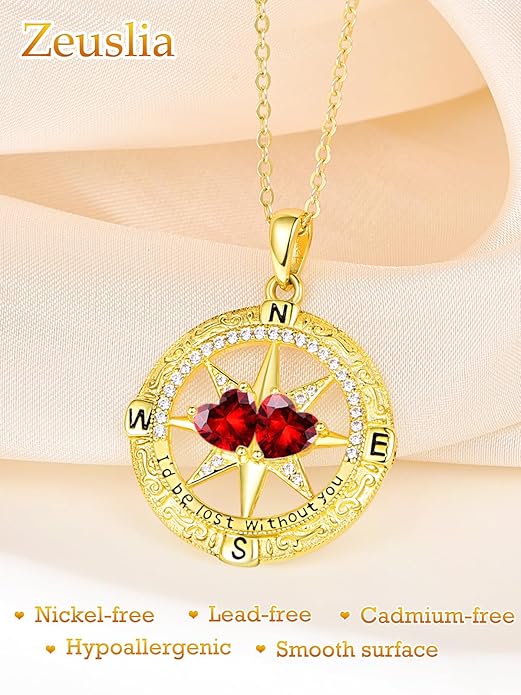 Zeuslia Double Birthstone Necklace Gifts for Wife - 925 Sterling Silver Sunflower/Rose/Crown Cross/Compass/Heart Pendant I Love You Necklace, Anniversary Birthday Gifts for Wife Girlfriend Mom Her