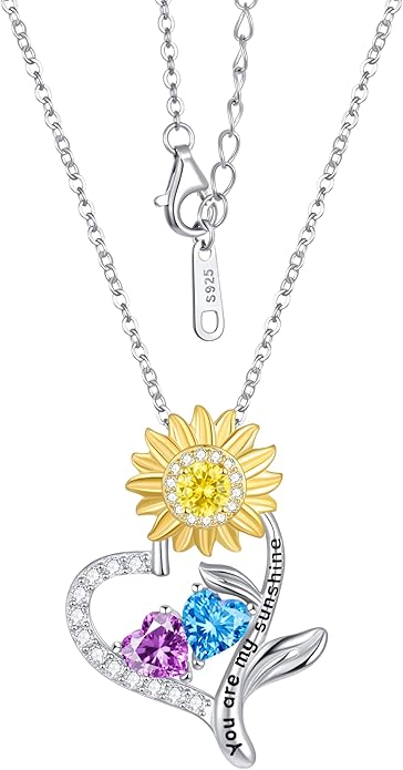 PERJI Valentine's Day Gifts for Women - 925 Sterling Silver Double Birthstone Sunflower Necklace, Anniversary Birthday Jewelry You are My Sunshine Gifts for Wife Couple Girlfriend 18"+2" Non Tarnish