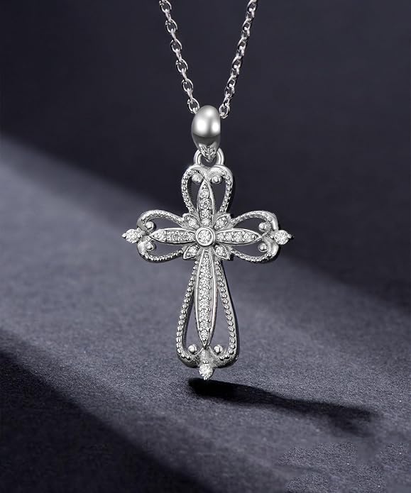 1/66 Carat Diamond Vintage Cross Necklace for Women 925 Sterling Silver 18K White Gold Plated Religious Faith Pendant Fine Jewelry
