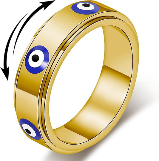 Evil Eye Fidget Ring for Women - 18K Gold Plated Stainless Steel Spinner Rings for Anxiety Relief, Ojo Turco Ring Luck Amulet, Turkish Faith Protection Stackable Jewelry Gift for Women Men