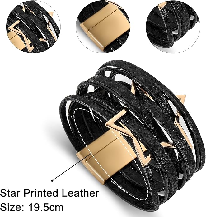 Fesciory Leopard Bracelet for Women, Boho Leather Wrap Multi-Layer Pearl Crystal Bracelet Bangle Jewelry