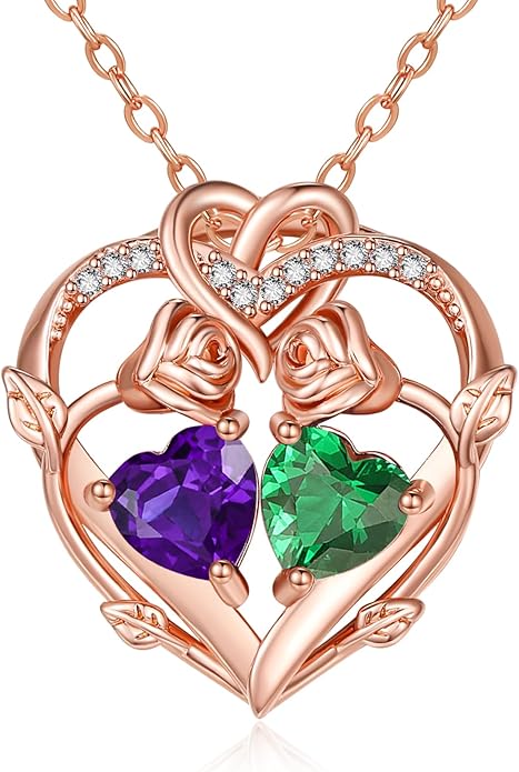 Rose Gold Necklaces for Women Double Birthstone Rose Flower Heart Pendant Necklace Jewelry Anniversary Christmas Valentine's Mother's Day Birthday Gift for Wife Mom Her Girlfriend Sister