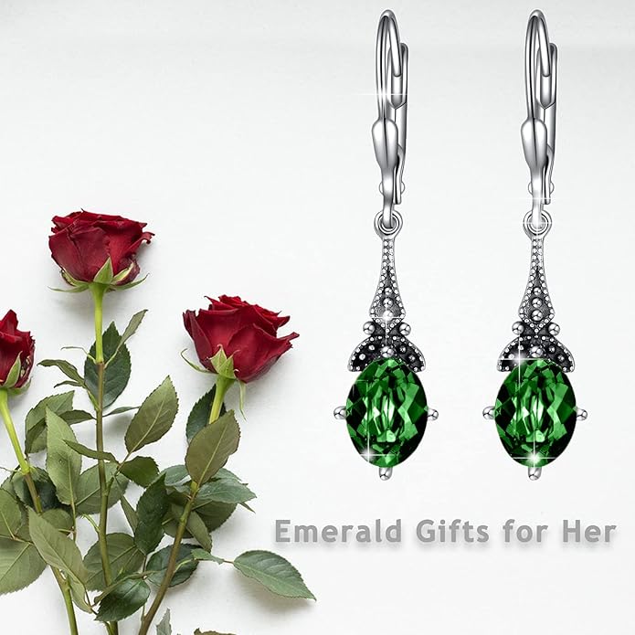 AOBOCO Vintage Earrings for Women Sterling Silver Retro Drop Dangle Leverback Earrings with 8x6mm Oval Genuine or Simulated Birthstone Crystal from Austria, Anniversary Jewelry Gifts for Her Women