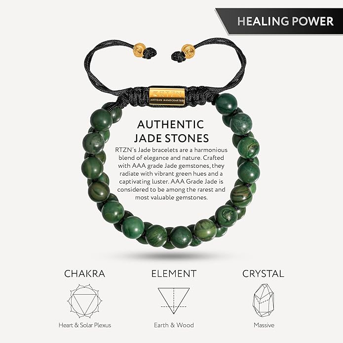 RTZN Jade Bracelet for Men – Premium Artisan Handcrafted Authentic Dark Green Jade Bracelet – 8MM Beaded Stone Mens Jade Bracelets