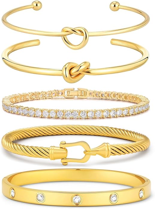 FAFUGA 18 K Gold Plated Love Bangle Bracelet Stack Cuff Jewelry for Women Jewelry Set for Women Gift with Box