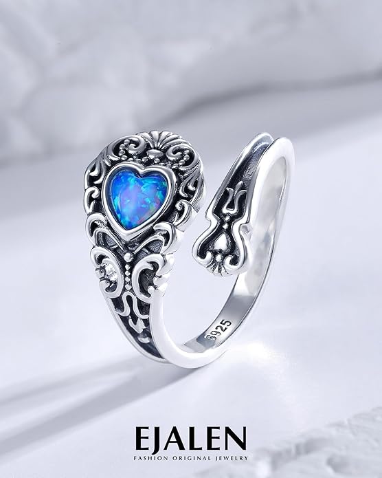 S925-Sterling-Silver Abalone Dragonfly-Turquoise Spoon Ring - Vintage Boho Sunflower Thumb Oxidized Wrap Rings Victorian Style Antique Floral Jewelry Gifts for Women