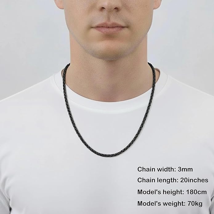 Fiusem Black Wheat Chains for Men and Women, 2/2.5/3/4/5mm Stainless Steel Necklace Chain, Mens Necklace Jewelry Gift 16-28 Inch