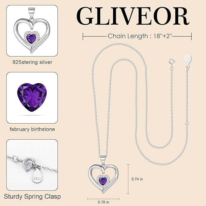 GLIVEOR Heart Birthstone Necklace for Women,S925 Sterling Silver Necklace Birthstone Necklace Heart Necklace for Women Birthday Jewelry Gifts for Women