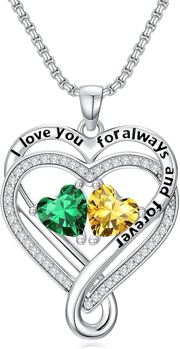 I Love You for Awlays and Forever Double Heart Necklace with Birthstone, 2 Birth Stone Jewelry Anniversary Valentines Mothers Day Christmas Birthday Gifts for Women Her Wife Girlfriend Mom Mother