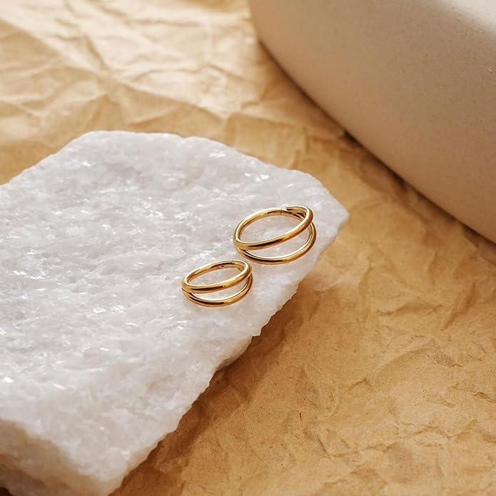 2 PCS Small Cartilage Double-Hoop Helix Conch Piercing Earrings With Cubic Zirconia For Women Trendy 14K Gold Plated Titanium Surgical Stainless Steel Sets Jewelry