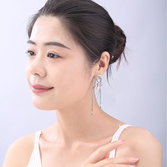 Unique Abstract Face Art | Dangle Statement Long Earrings for Women | Rhinestone Tassel Handmade Chandelier Earrings