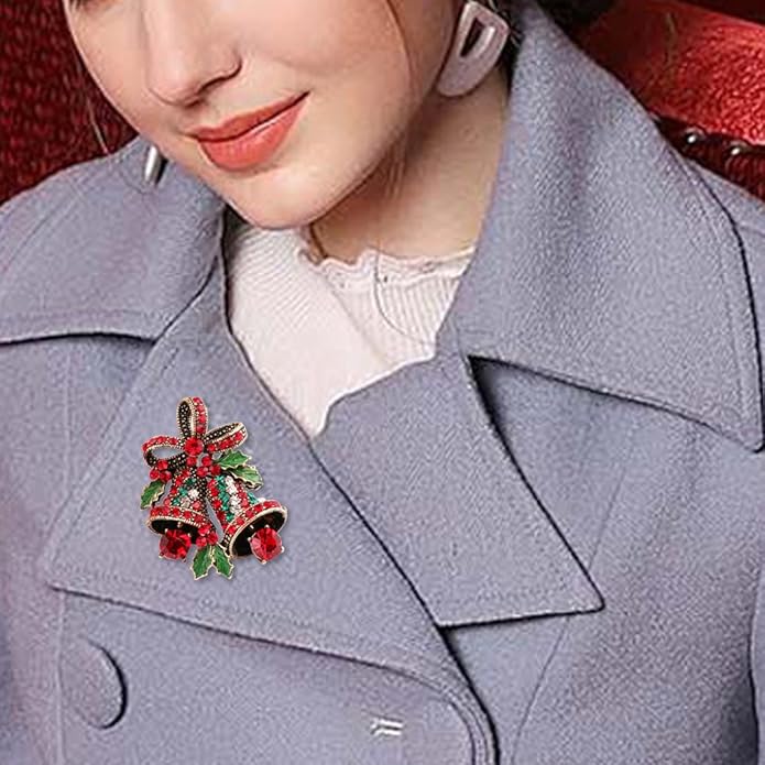 FERVENT LOVE Vintage Christmas Bowknot Double Bells Brooch with Green Leaves and Colorful Rhinestones for Women