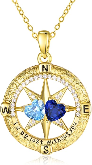 Zeuslia Double Birthstone Necklace Gifts for Wife - 925 Sterling Silver Sunflower/Rose/Crown Cross/Compass/Heart Pendant I Love You Necklace, Anniversary Birthday Gifts for Wife Girlfriend Mom Her