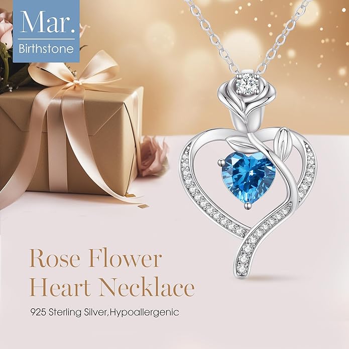 LOUISA SECRET Rose Flower Heart Birthstone Necklaces for Women, 925 Sterling Silver Fine Jewelry, Pendant Heart Necklaces Birthday Anniversary Christmas Gift for Women Wife Mom Girlfriend Lady