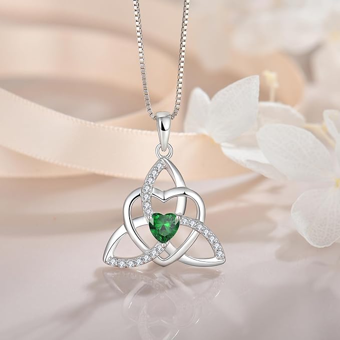 Trinity Knot Necklace Earrings 925 Sterling Silver Celtic Love Heart Knot Pendant Emerald Birthstone May Jewelry Set for Women