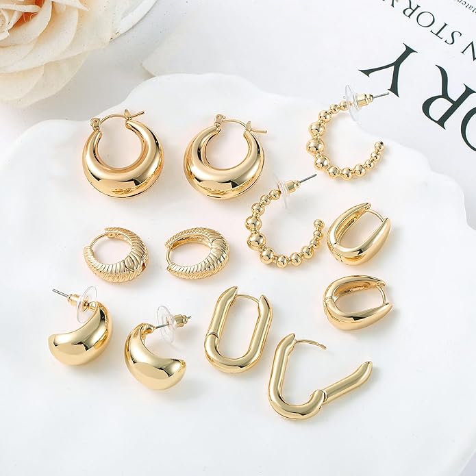 6 Pairs Gold Hoop Earrings for Women, 14K Gold Plated Lightweight Chunky Hoop Earrings Set Hypoallergenic, Thick Open Huggie Hoops Earrings Jewelry for Gifts.