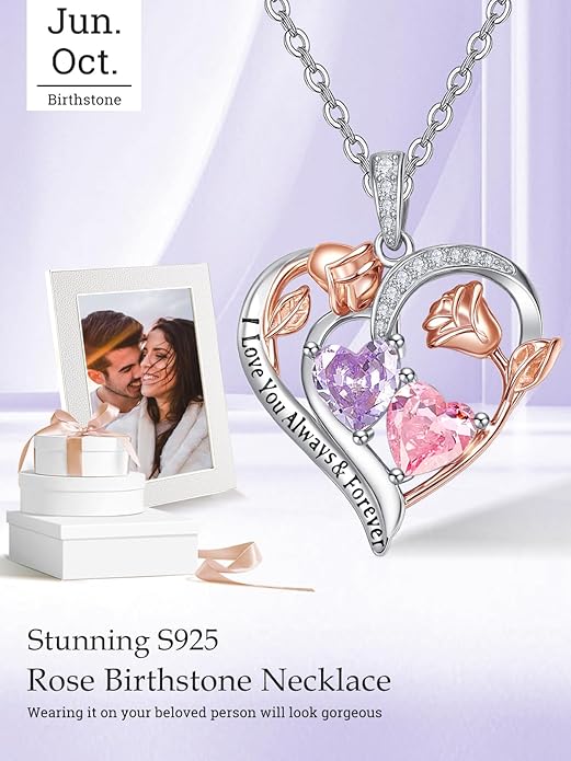 Zeuslia Double Birthstone Necklace Gifts for Wife - 925 Sterling Silver Sunflower/Rose/Crown Cross/Compass/Heart Pendant I Love You Necklace, Anniversary Birthday Gifts for Wife Girlfriend Mom Her