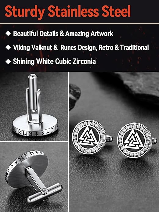 FaithHeart Mens Cufflinks, Norse Viking Tuxedo Shirt Cuff Links, Stainless Steel Cuff Links and Shirt Studs, Gift Box