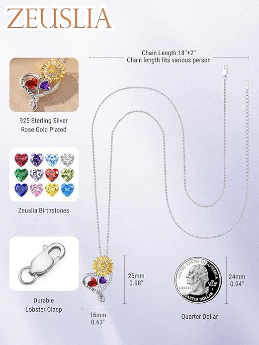 Zeuslia Double Birthstone Necklace Gifts for Wife - 925 Sterling Silver Sunflower/Rose/Crown Cross/Compass/Heart Pendant I Love You Necklace, Anniversary Birthday Gifts for Wife Girlfriend Mom Her