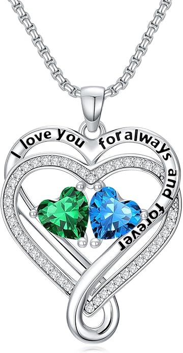 I Love You for Awlays and Forever Double Heart Necklace with Birthstone, 2 Birth Stone Jewelry Anniversary Valentines Mothers Day Christmas Birthday Gifts for Women Her Wife Girlfriend Mom Mother