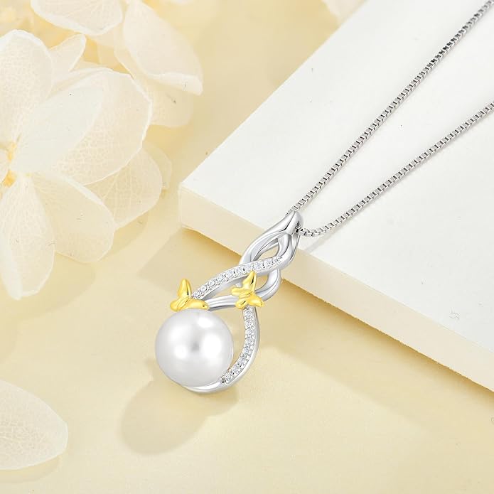Veshon Celtic Infinity Pearl Pendant Necklace for Women, 925 Sterling Silver Good Luck Irish Pendant with 10MM Freshwater Cultured Pearl, White/Rose/ 14K Gold Plated Jewelry Gift