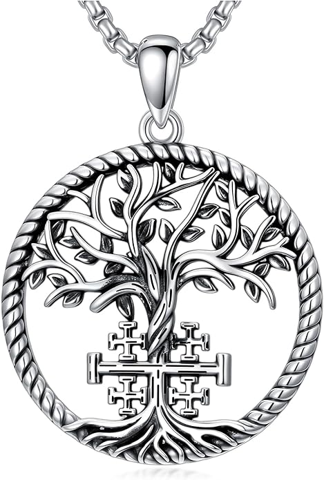 Dorunmo Christmas Gift Tree of Life Jerusalem Cross Necklace 925 Sterling Silver Vintage Celtic Tree Pendant Necklaces for Women Men Christian Faith Jewelry Spiritual Protection Amulet Xmas Jewelry Stocking Stuffers