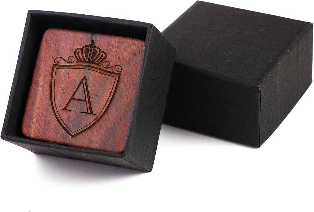 Mens Initial Silver Cufflinks A-Z Alphabet Letter Steel Cuff Links with Engraved Walnut Wood Box Groom Groomsman Wedding Set…