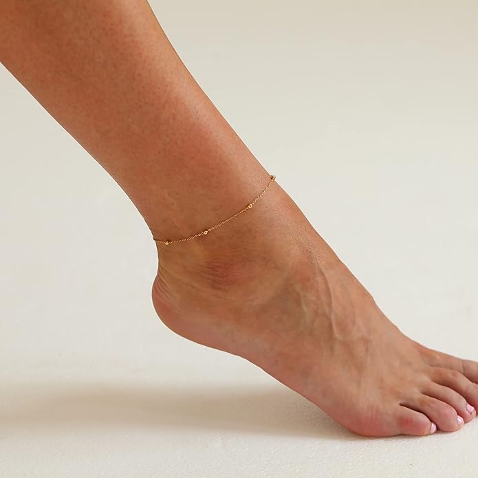 Dainty Ankle Bracelets for Women 18K Gold Plated Satellite Beaded Herringbone Chain Anklets Simple Lip Chain Anklet Minimalist Summer Beach Foot Jewelry Christmas