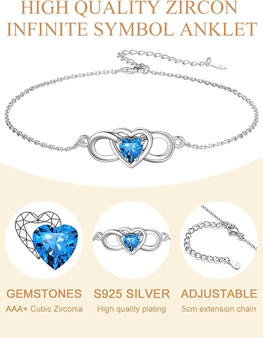 Custom4U Personalized Infinity Ankle Bracelets for Women 925 Sterling Silver Anklet Bracelet Endless Love Symbol Birthstone Charm Adjustable Foot Chain Jewelry Mothers Day Gifts for Mom Wife Women Her