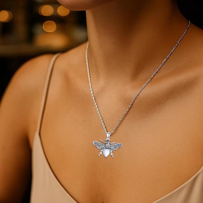 Bee Moonstone Necklace, 925 Sterling Silver Vintage Pendant with Natural Gemstone, Boho Hypoallergenic Jewelry Gift for Her