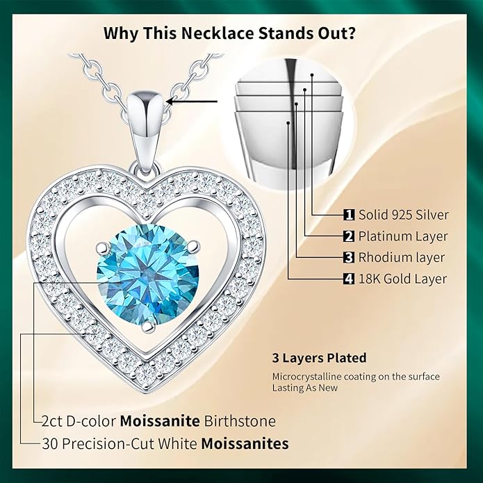 31-Stone Birthstone Heart Necklace for Women | 2ct Moissanite & 30 Sparkling Accents | Valentine's Day, Birthday,Mother's Day, Christmas Gift for Wife, Mother, Girlfriend