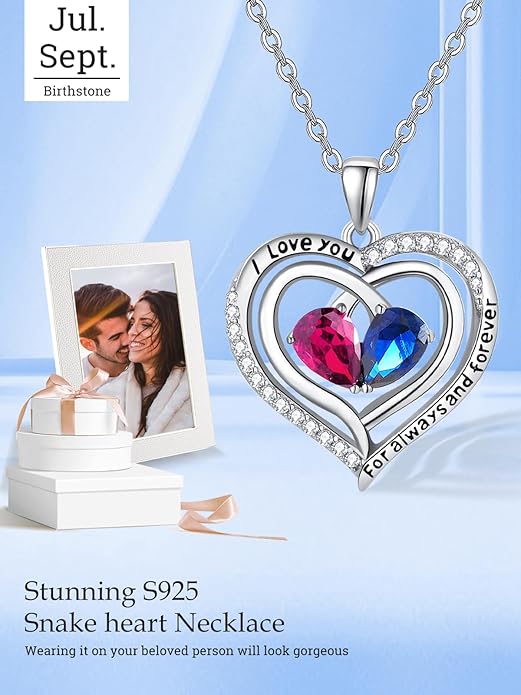 Zeuslia Double Birthstone Necklace Gifts for Wife - 925 Sterling Silver Sunflower/Rose/Crown Cross/Compass/Heart Pendant I Love You Necklace, Anniversary Birthday Gifts for Wife Girlfriend Mom Her