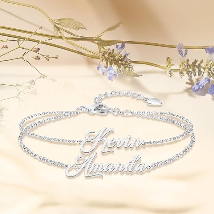LucySky Custom Bracelets with 2 Names for Women, 925 Sterling Silver Adjustable Personalized Name Anklet, Custom Bracelets Summer Beach Jewelry Dainty Gifts for Wife, Sister, Friends