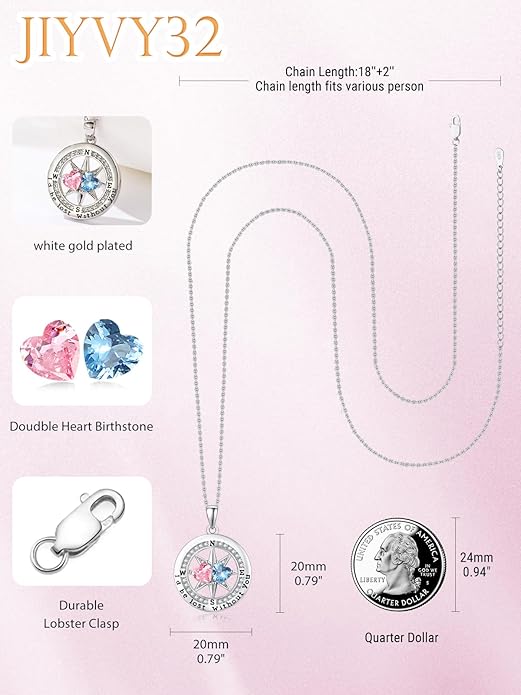 Compass Birthstones Necklace for Women, Exquisite Anniversary Birthday Gifts for Wife Her Double Birthstone Pendant jewelry ‘I'd be Lost Without You’