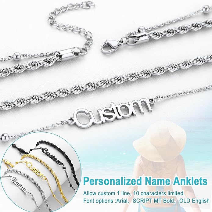 U7 Custom Layered Ankle Bracelets for Women Stainless Steel Bead/Cuban/Figaro/Rope/Wheat Chain Anklet Waterproof Anklet Jewelry for Beach Vacation