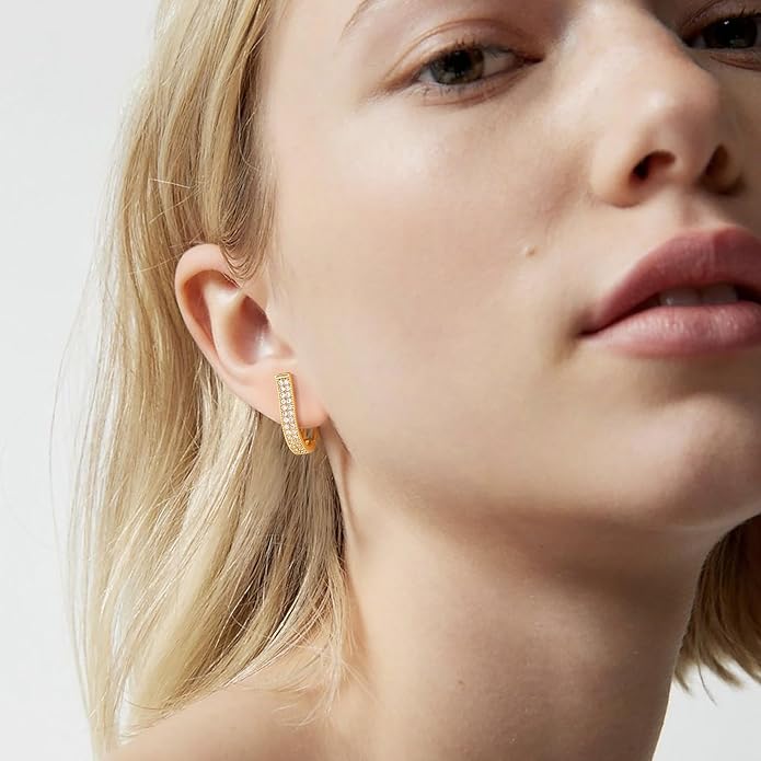 Gold Huggie Hoop Earrings 14K Gold Plated Dainty Chunky Thick Hoop Diamond Cubic Zriconia Inlay Sleeper Tiny Delicate Boho Beach Simple Hypoallergenic Jewelry Gift for Her