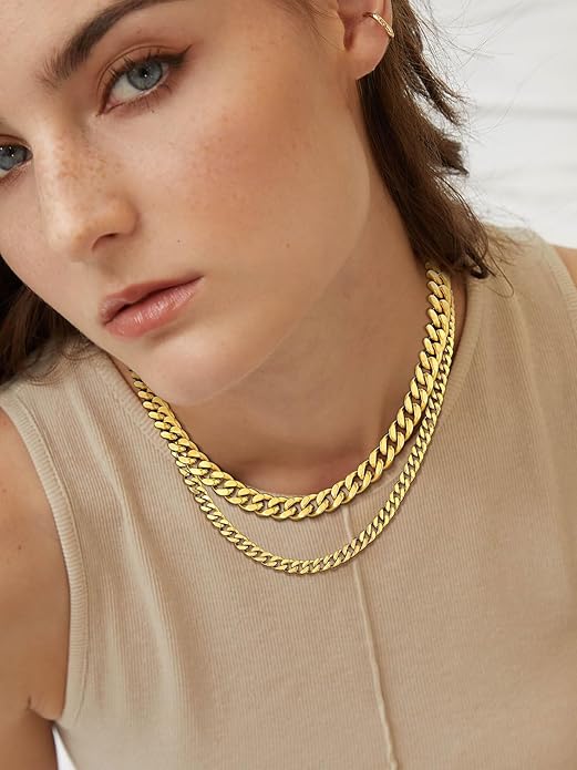 FindChic Men Curb Chain Necklace 18K Gold Plated/Stainless Steel/Black Chunky Double Tight Cuban Link Hip Hop Neck Chains for Men Boys 3.5MM/5MM/6MM/7MM/9MM/12MM 14''-30'' 8 Length Options (Send Gift Box)