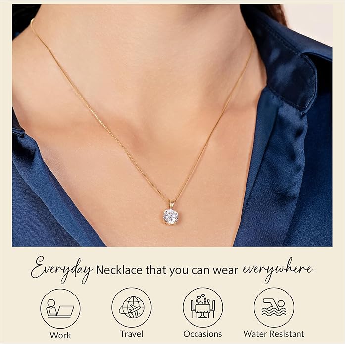 Everyday Elegance Solid 14K Gold Cubic Zirconia Solitaire Pendant Necklace for Women Heart, Princess, Round, Oval, Emerald, Pear & Cushion Cut 1 or 2 CTW | .60mm Thick 16" 18" Length Box Link Chain