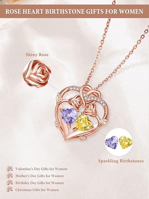 Rose Gold Necklaces for Women Double Birthstone Rose Flower Heart Pendant Necklace Jewelry Anniversary Christmas Valentine's Mother's Day Birthday Gift for Wife Mom Her Girlfriend Sister