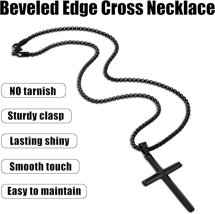 Fiusem Beveled Edge Cross Necklace for Men, Silver Tone/Black/14K Gold Plated Mens Cross Necklace, 2.5MM Stainless Steel Box Chain with Pendant