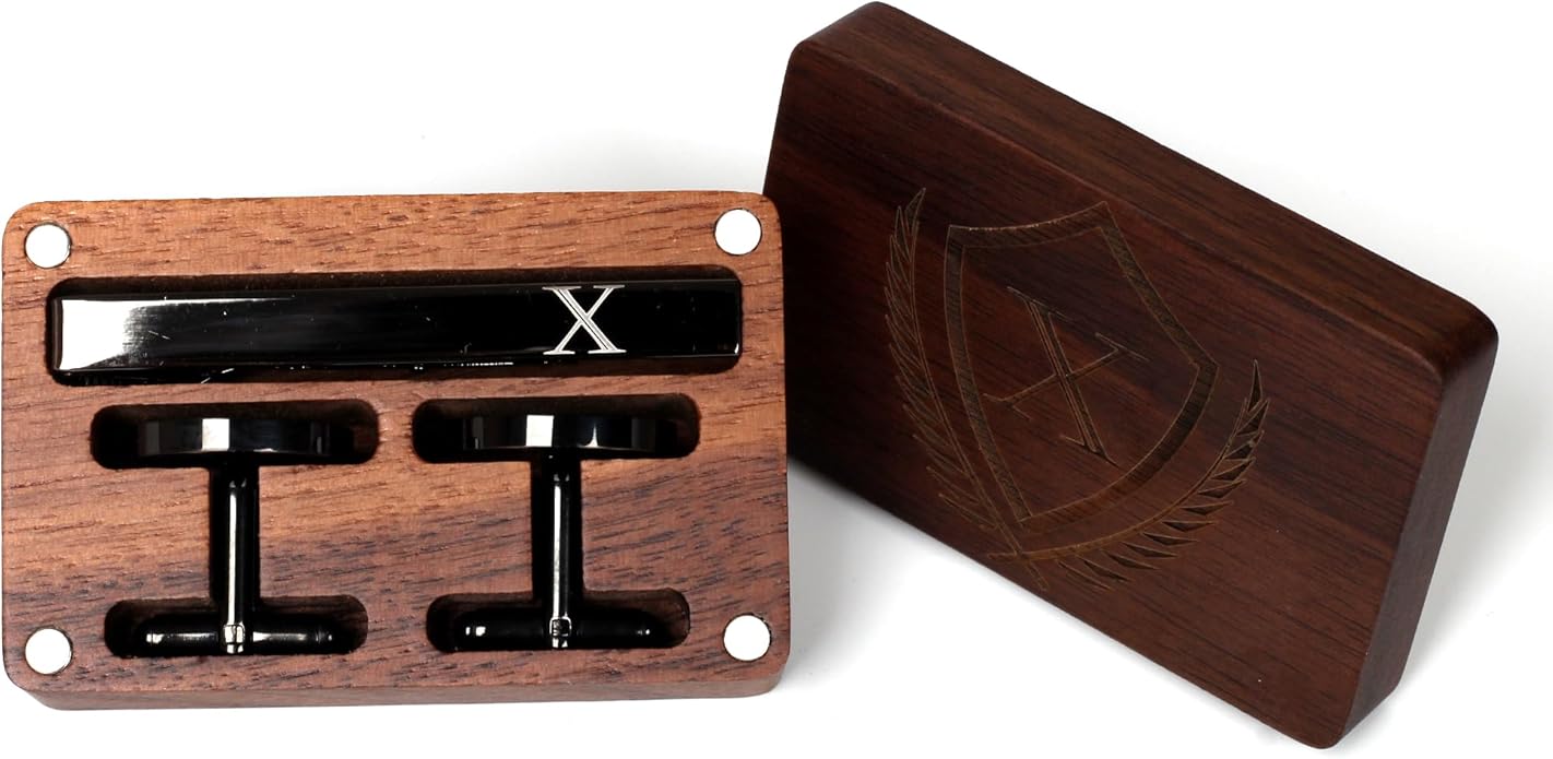 Mens Initial Cufflinks and Tie Clip A-Z Alphabet Letter Black Stainless Cuff Links Tie Bar with Engraved Walnut Wood Box Groom Groomsman Wedding Set